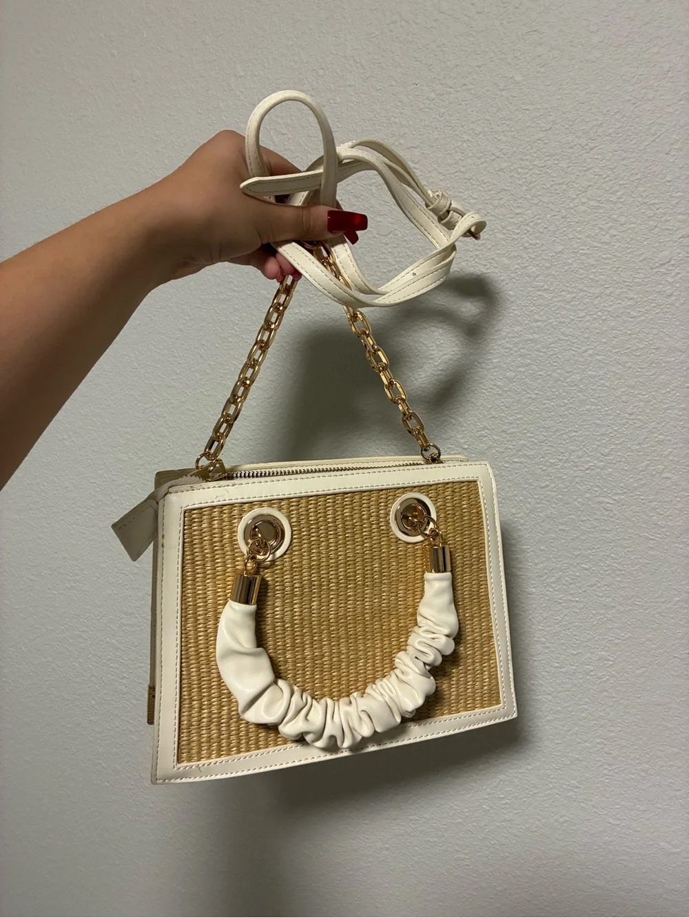 Woven Straw Accent Crossbody Bag with White Trim and Gold Chain
